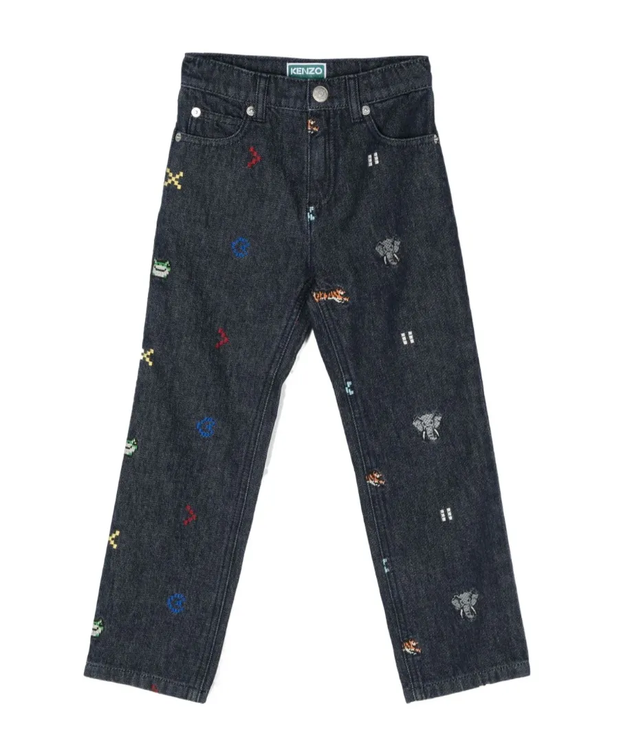 Embroidered-Motif Denim Trousers