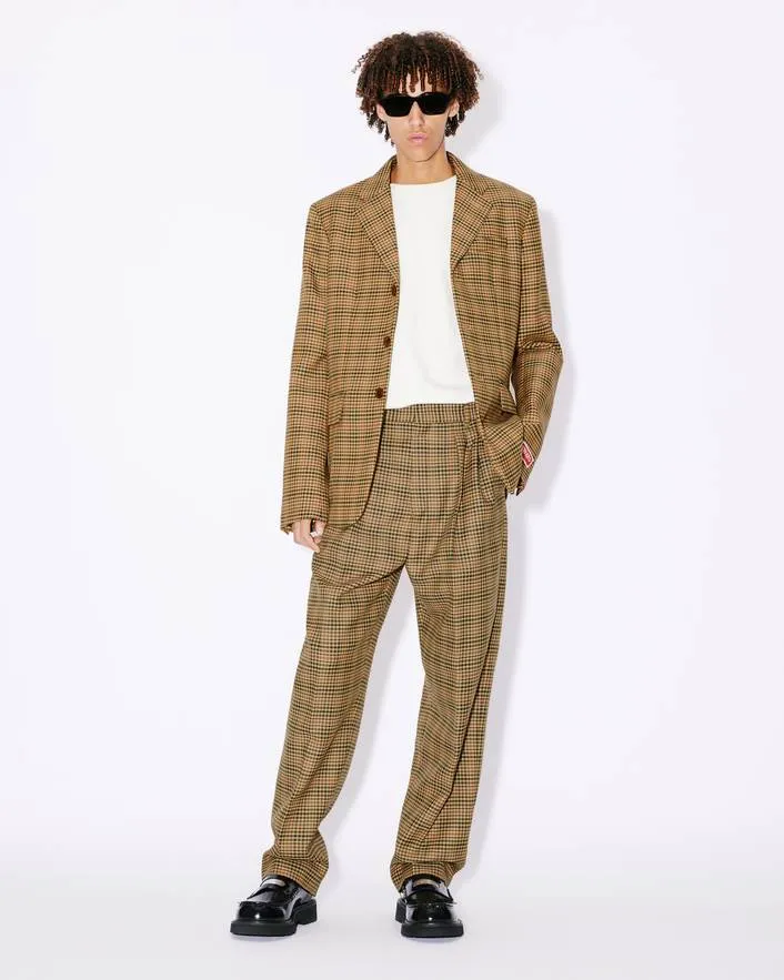 Logo Patch Checked Pleated Tailored Trousers