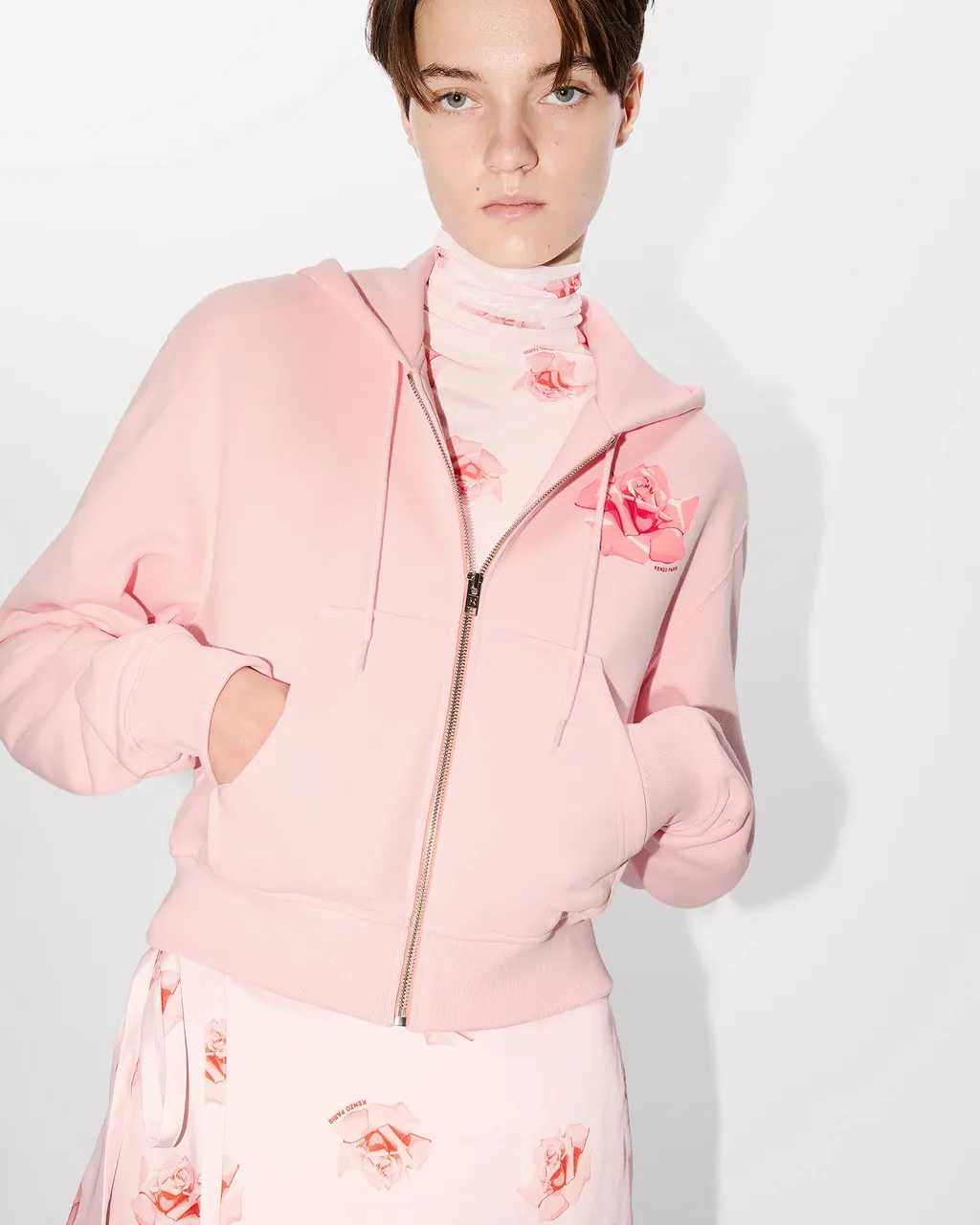 Rose Printed Zipped Hoodie