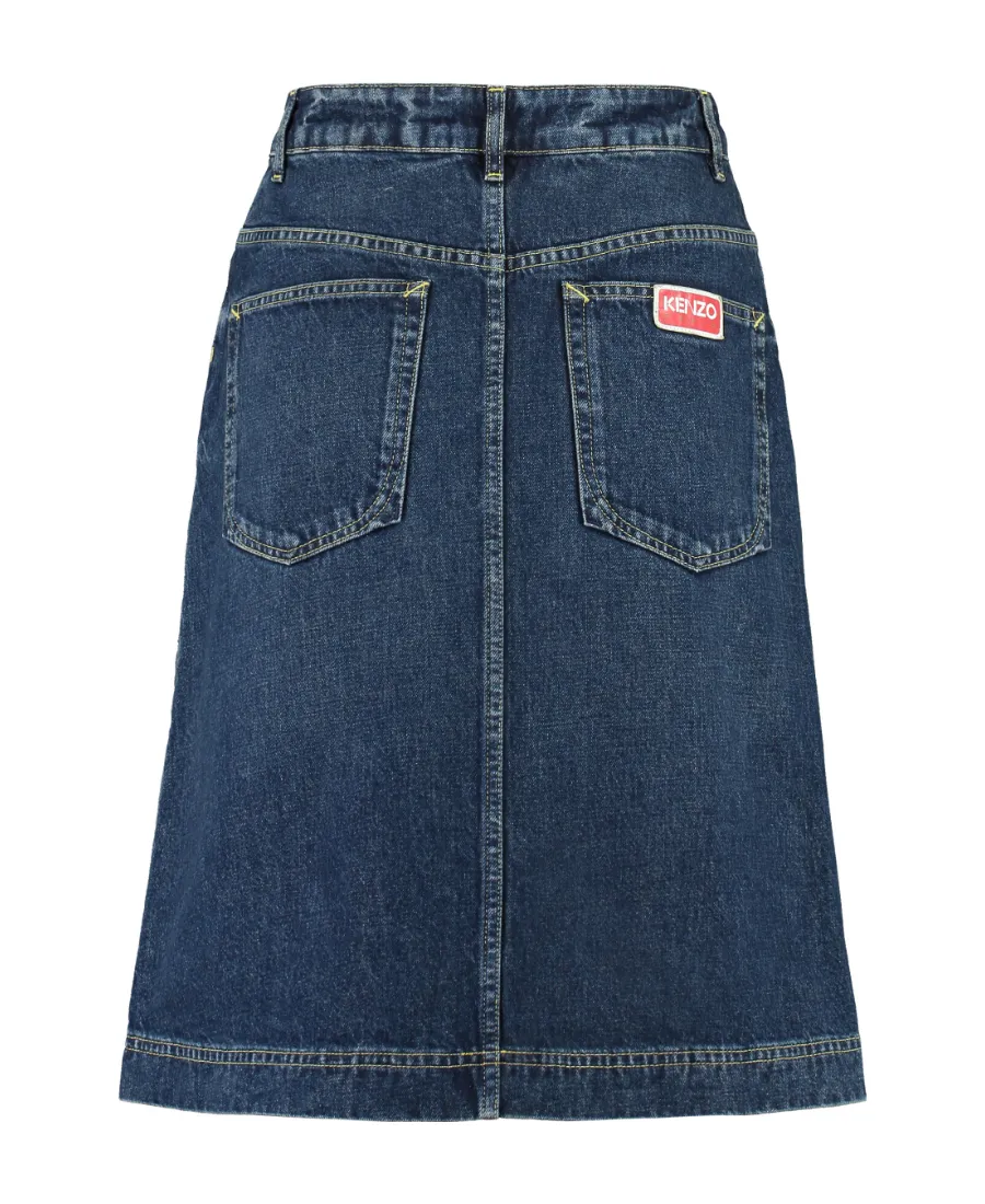 Logo Patch Midi Denim Skirt