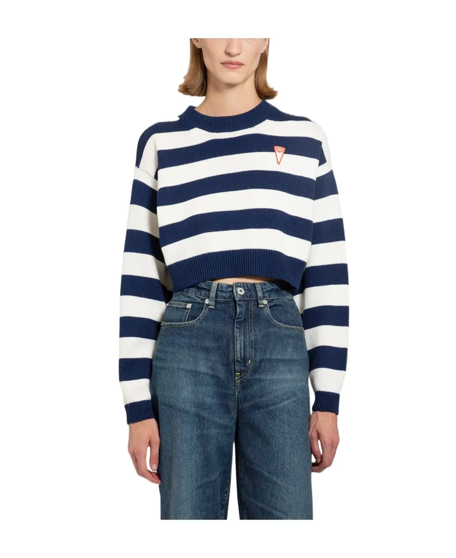 Logo-Patch Crewneck Striped Cropped Jumper
