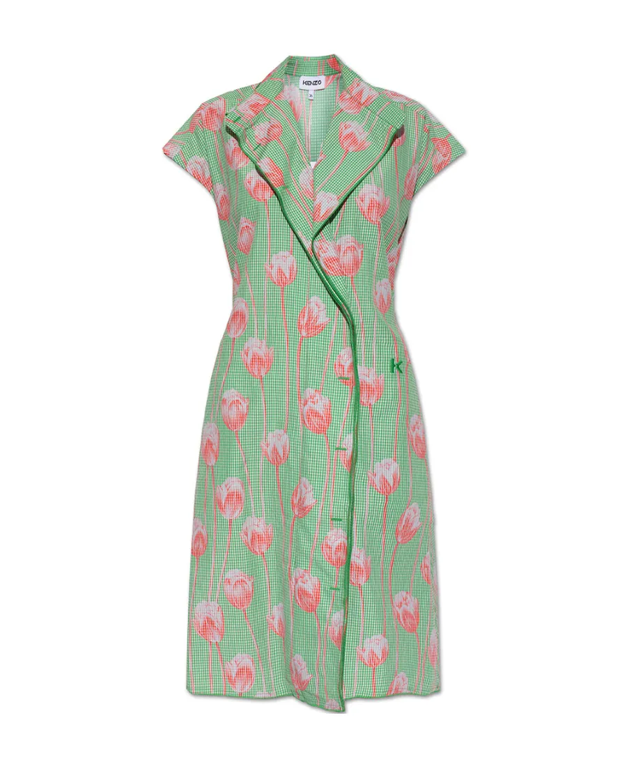 Tulip-Print Gingham Midi Dress