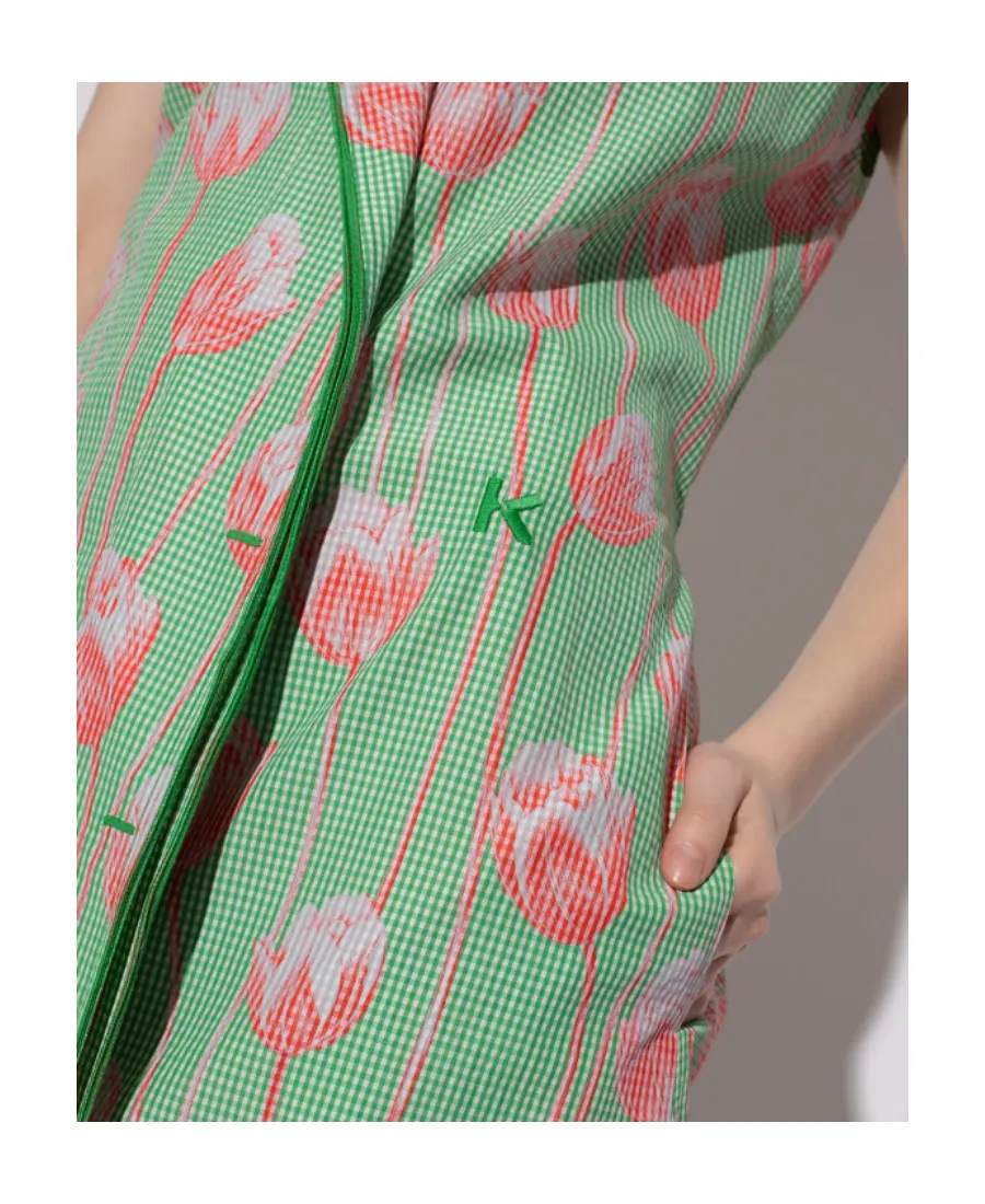 Tulip-Print Gingham Midi Dress