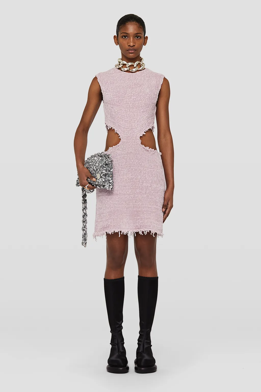 Cut Out Detailed Frayed Knitted Mini Dress