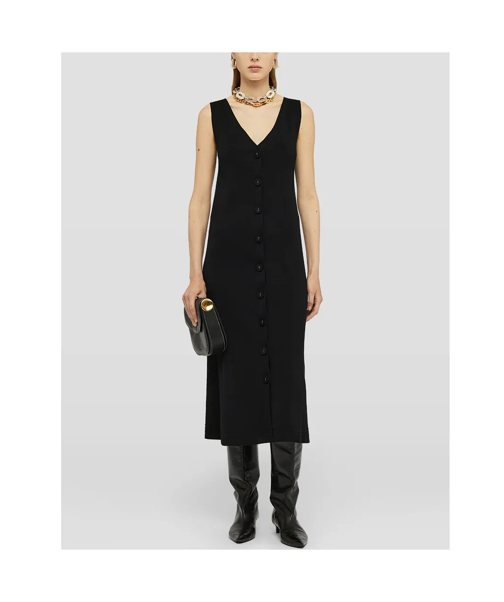 V-Neck Buttoned Ribbed Midi Dress