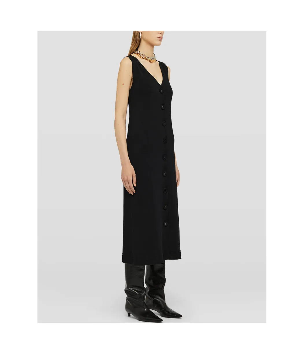 V-Neck Buttoned Ribbed Midi Dress