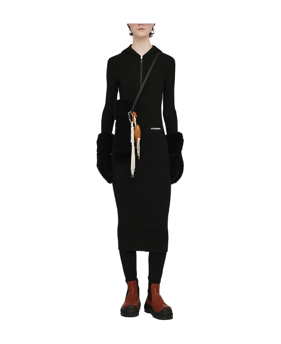 Long-Sleeved Ribbed-Knitted Hooded Midi Dress