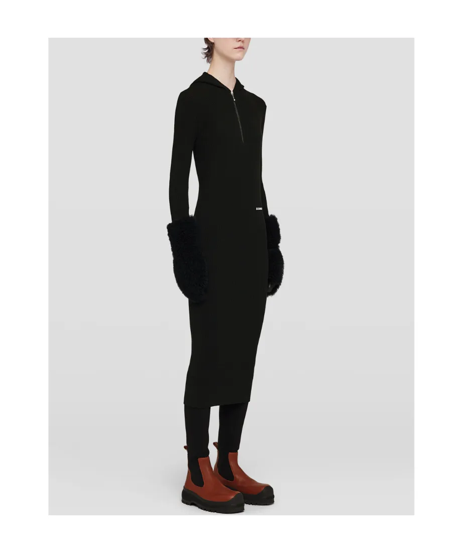 Long-Sleeved Ribbed-Knitted Hooded Midi Dress