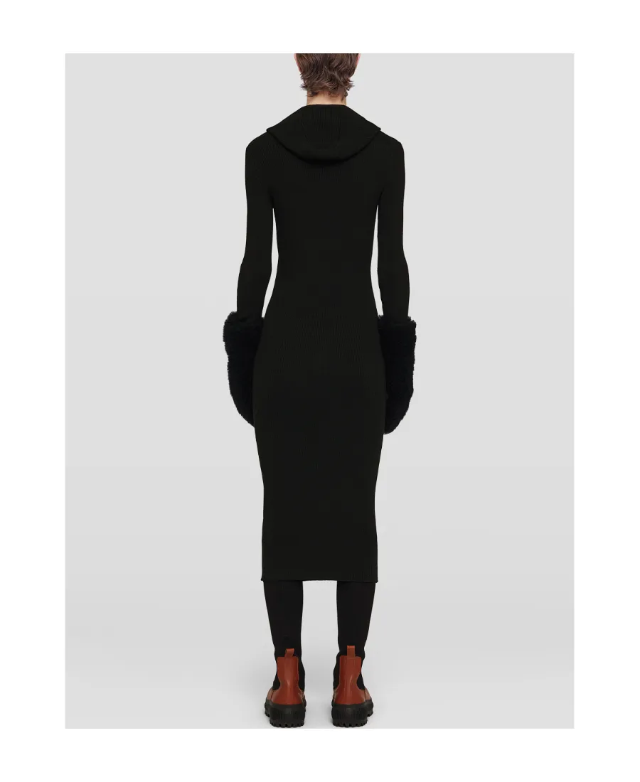 Long-Sleeved Ribbed-Knitted Hooded Midi Dress