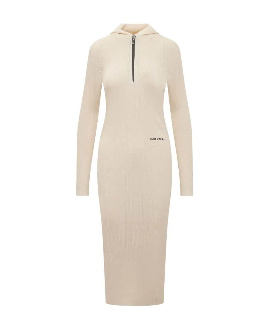 Long-Sleeved Ribbed-Knitted Hooded Midi Dress