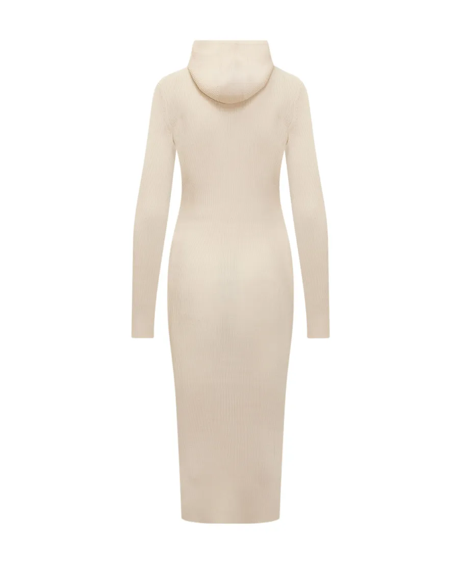 Long-Sleeved Ribbed-Knitted Hooded Midi Dress