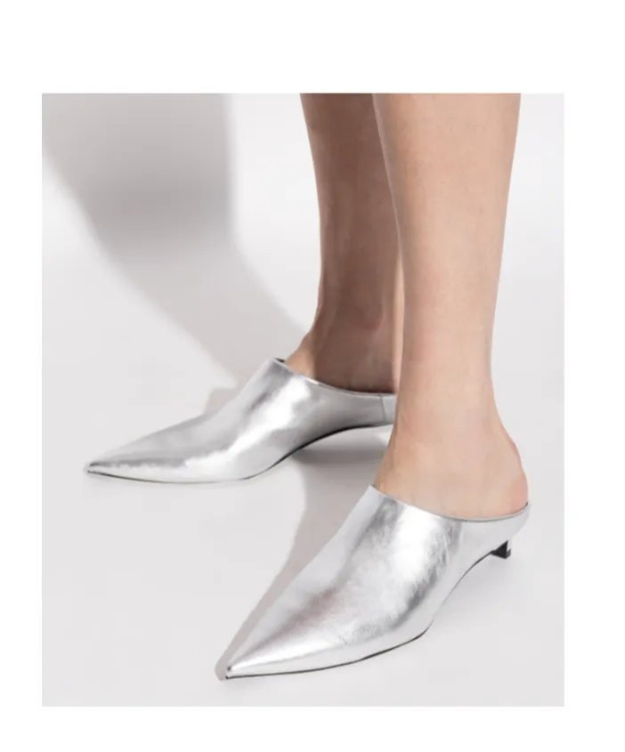 Metallic-Leather Pointed-Toe Mules