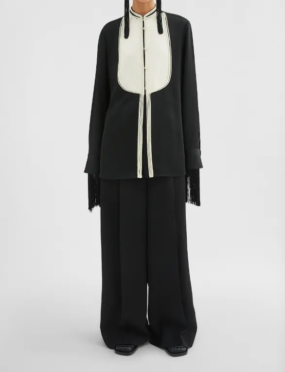 Contrast-Bib Detailed Satin Shirt