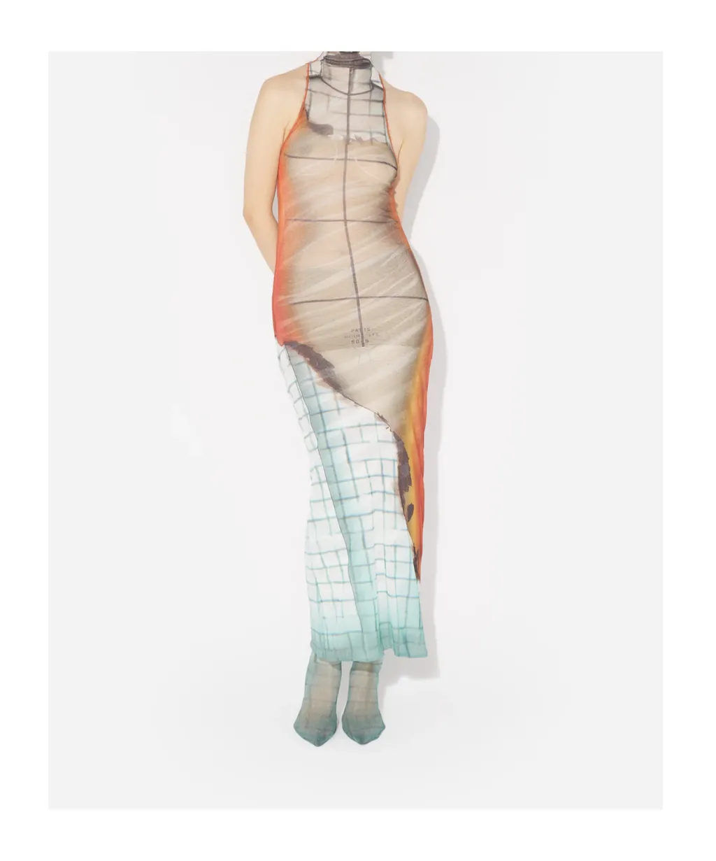 High Neck Long Dress Printed Fire
