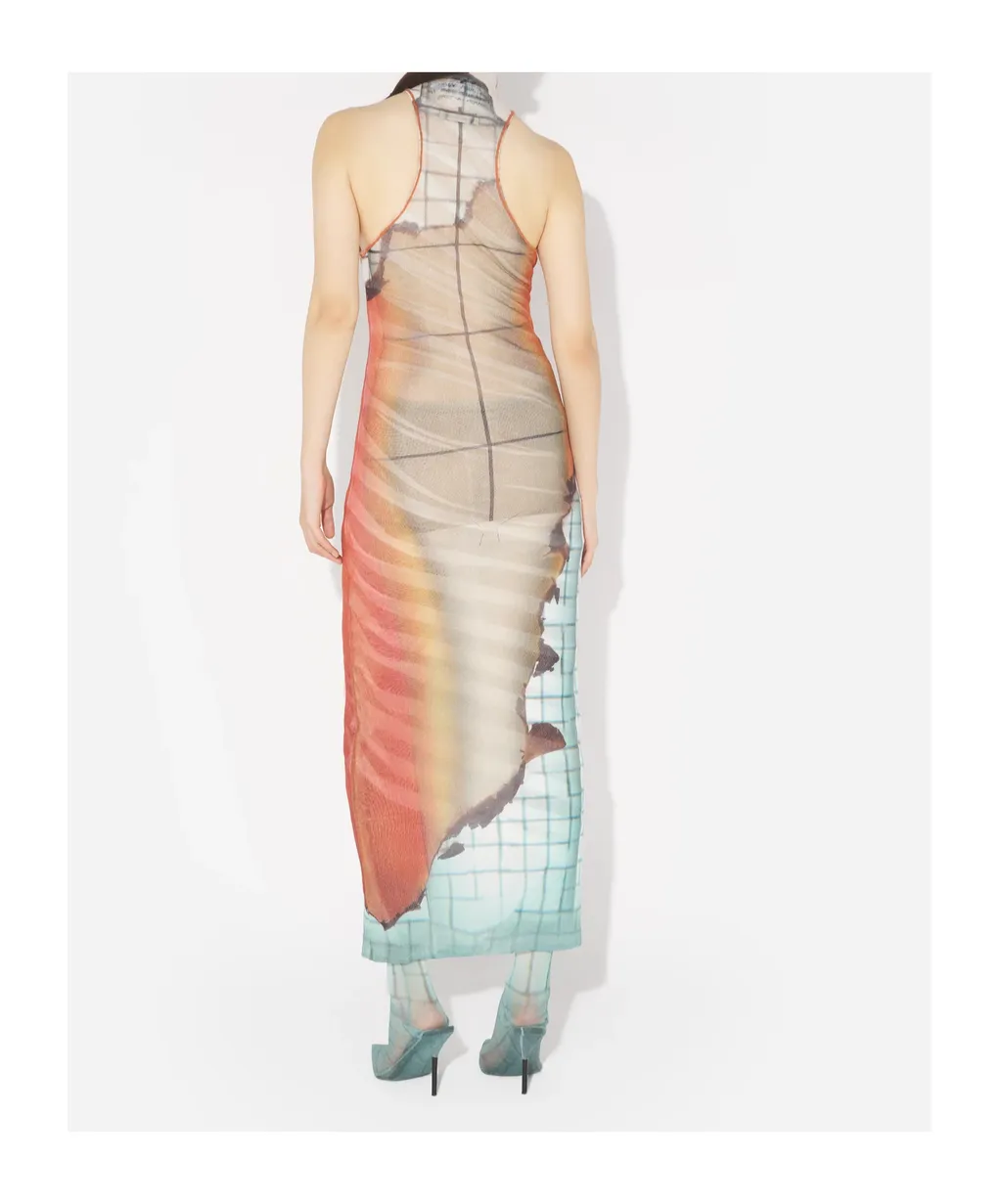 High Neck Long Dress Printed Fire