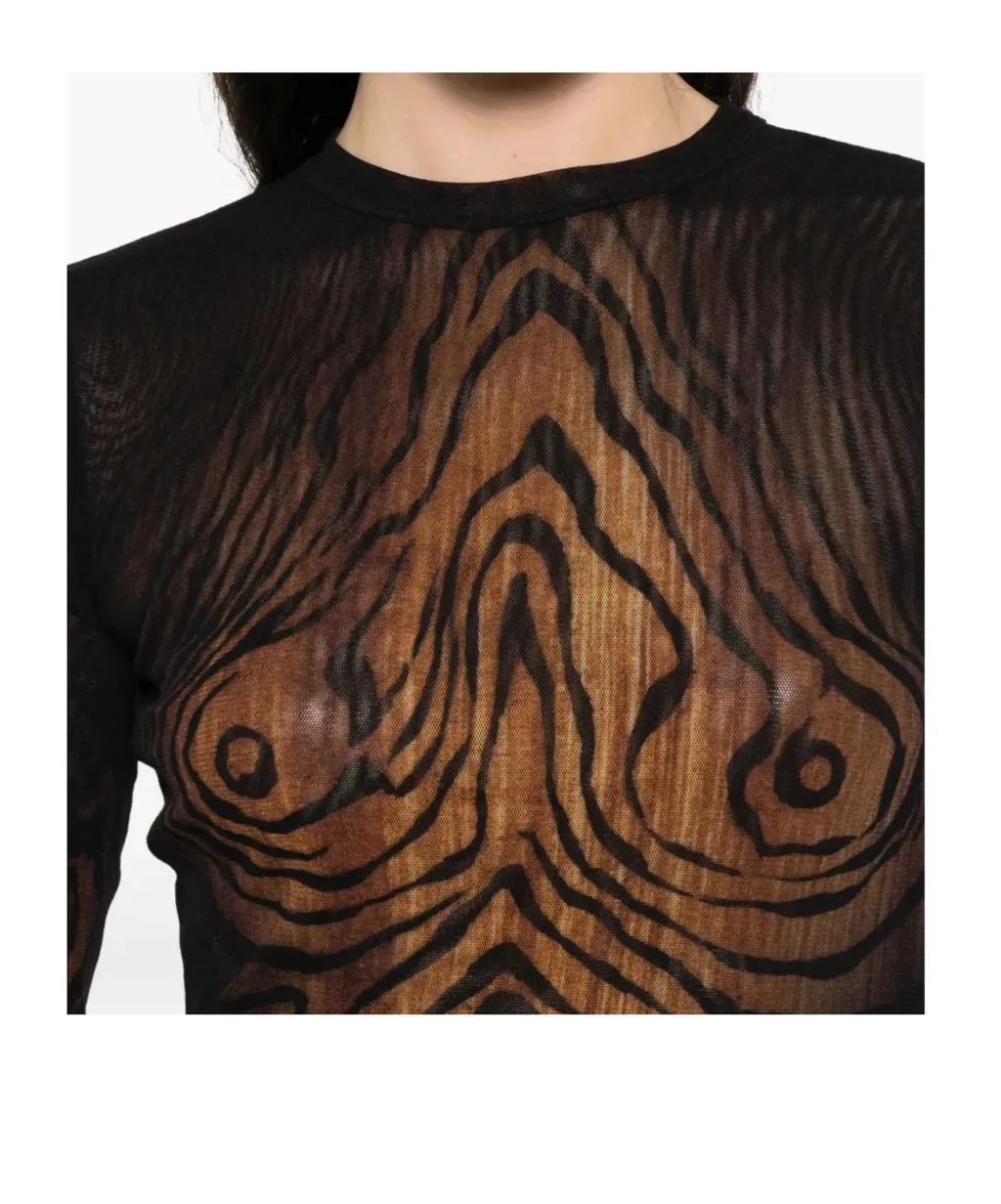 Mesh Long Sleeves Top Printed Wood