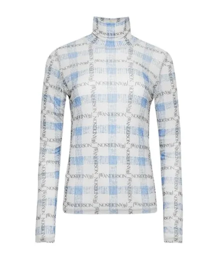 Logo Grid Check Printed Sheer Long Sleeved Top