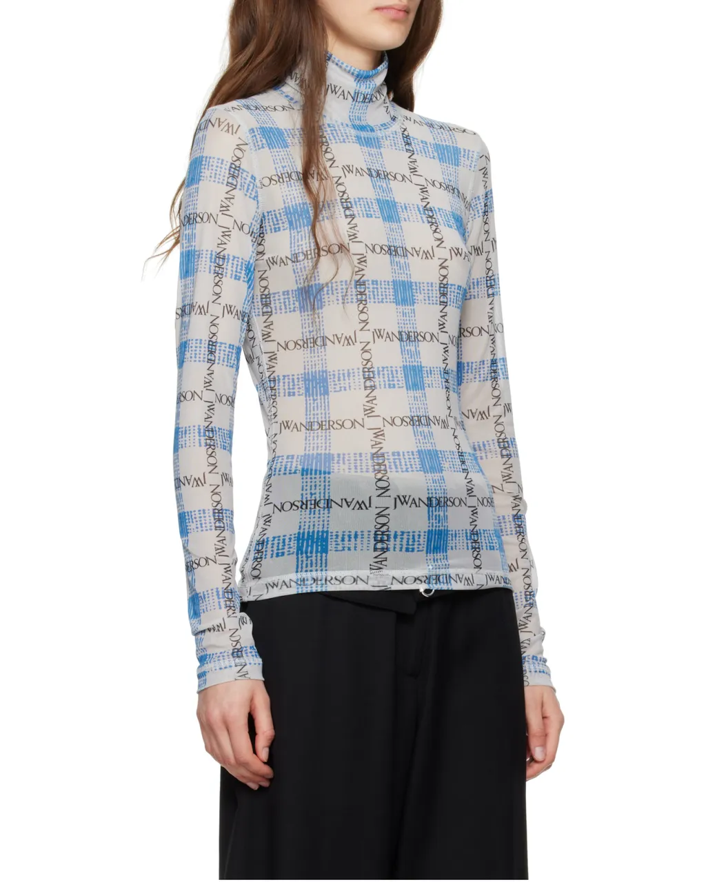 Logo Grid Check Printed Sheer Long Sleeved Top