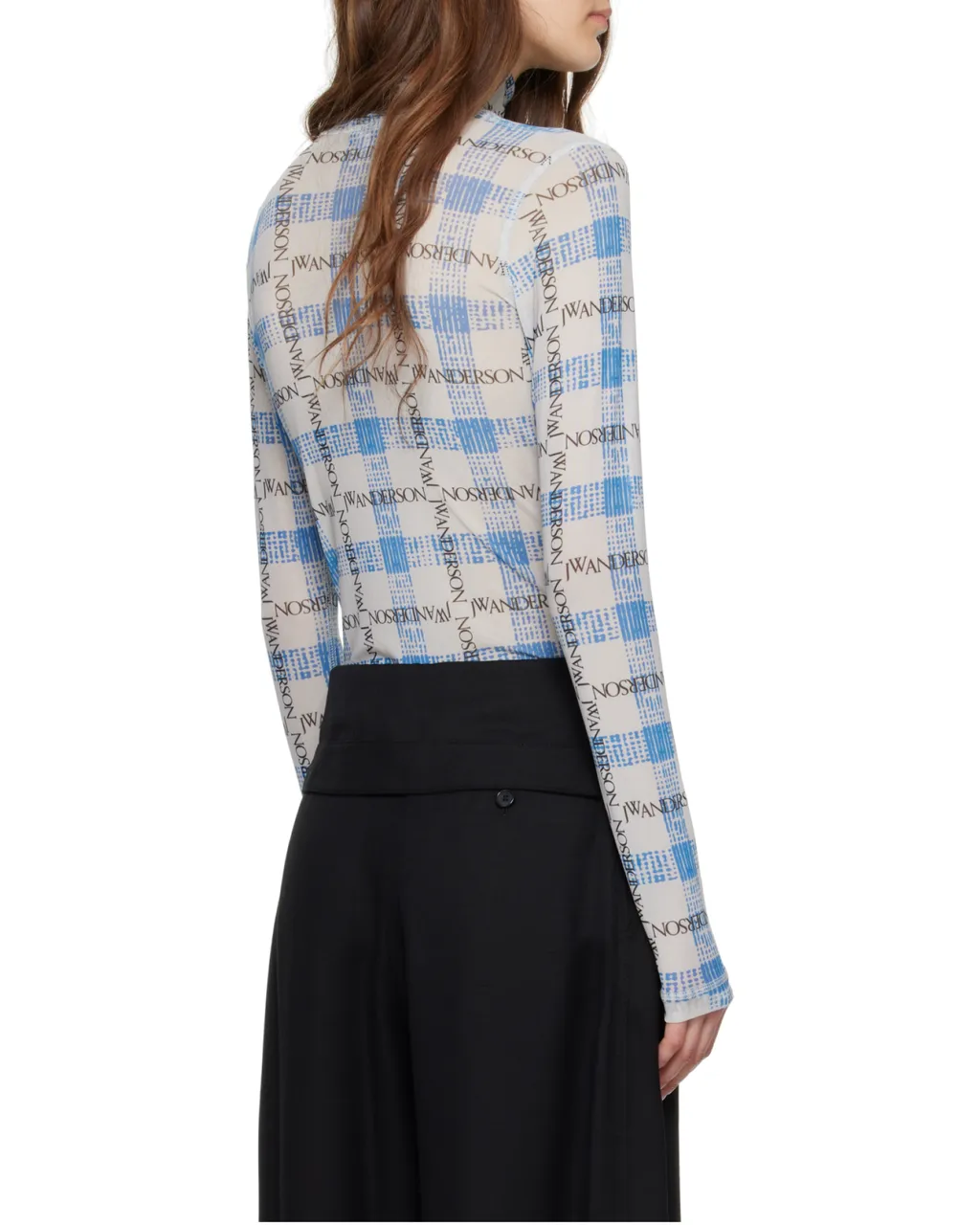 Logo Grid Check Printed Sheer Long Sleeved Top