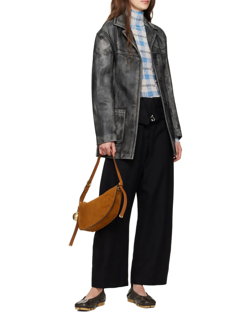 Logo Grid Check Printed Sheer Long Sleeved Top