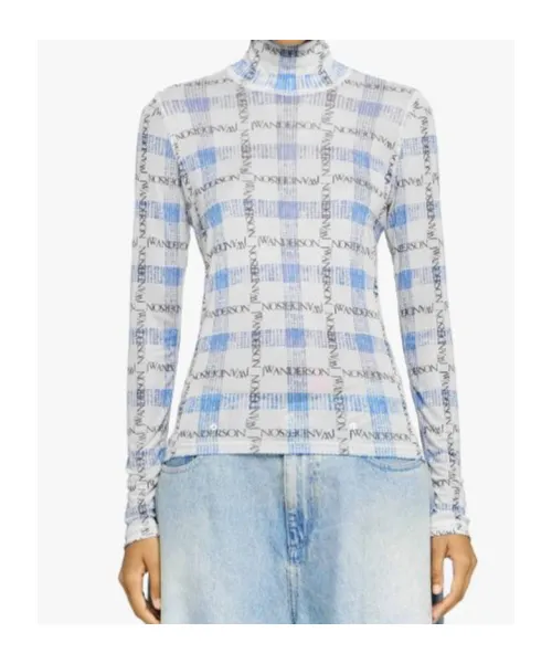 Logo Grid Check Printed Sheer Long Sleeved Top