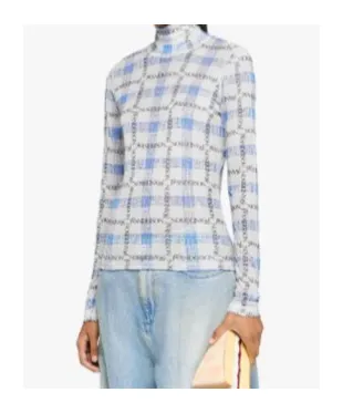 Logo Grid Check Printed Sheer Long Sleeved Top
