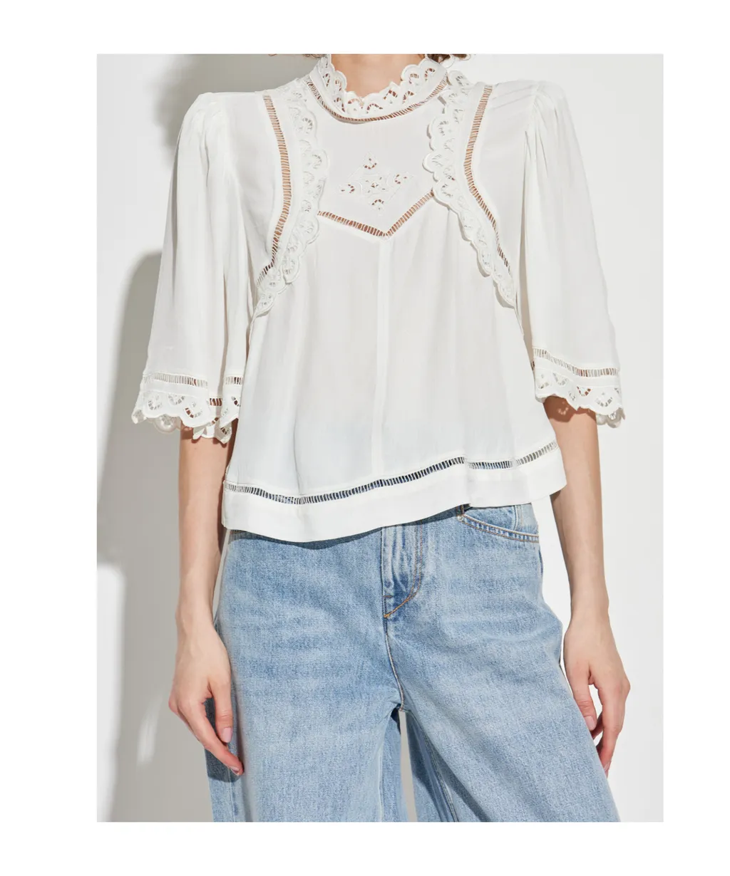 Embroidered Lace-Trimmed Blouse