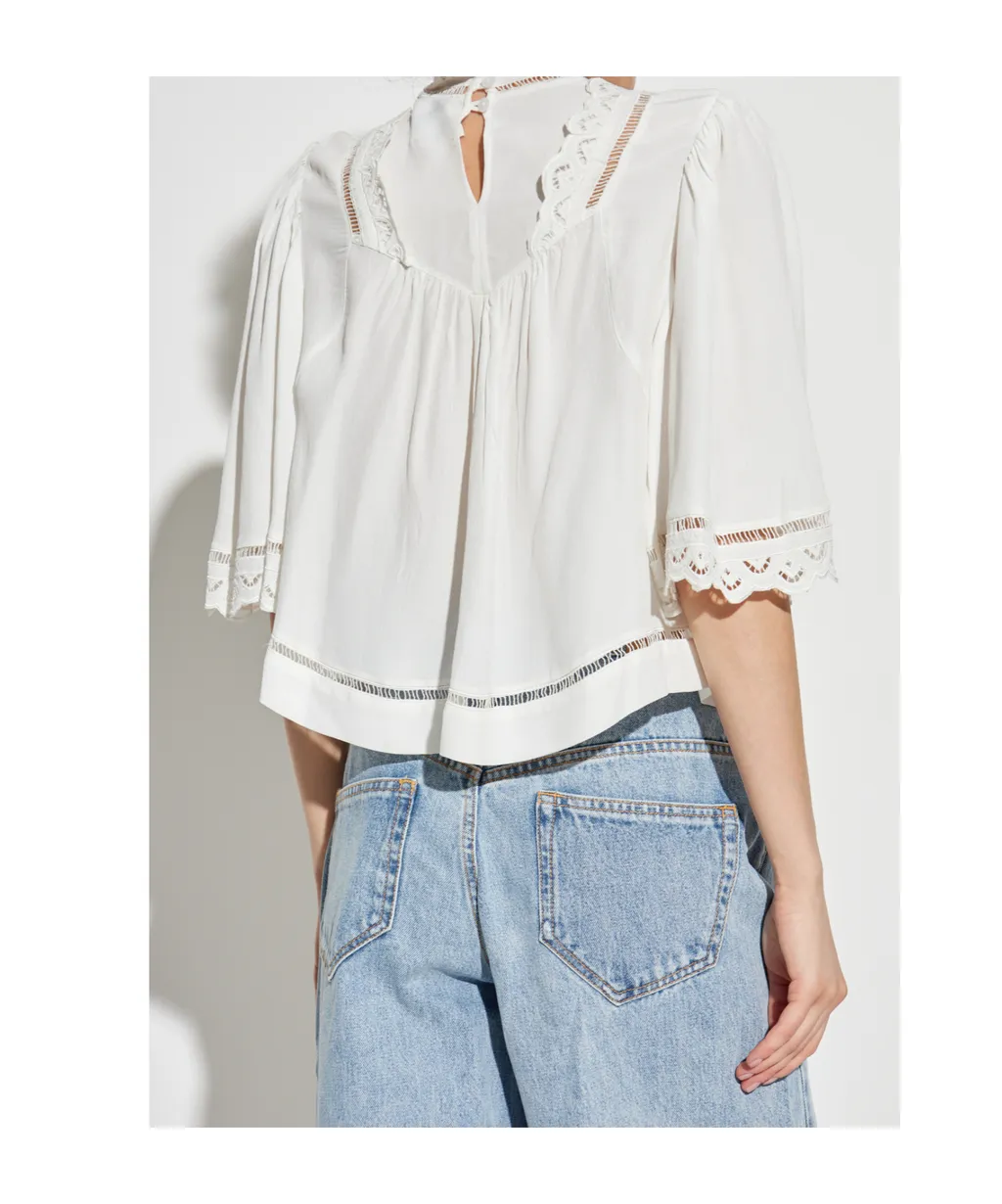 Embroidered Lace-Trimmed Blouse