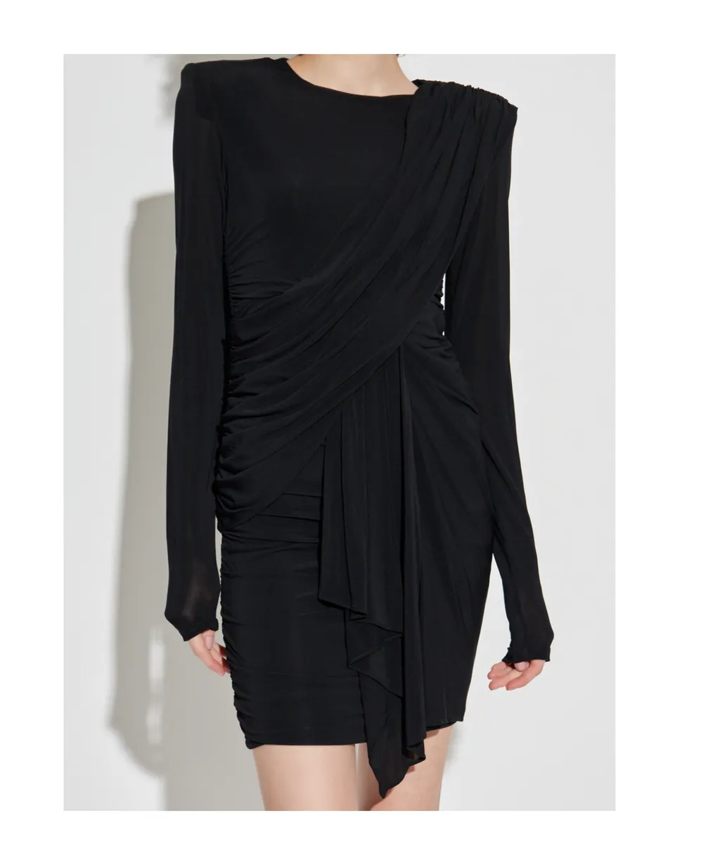 Draped Shoulder-Padded Dress