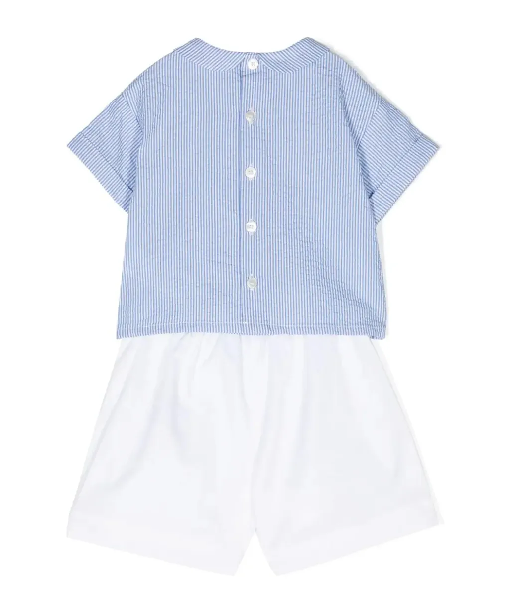 Striped Floral-Embroidery Shorts Set