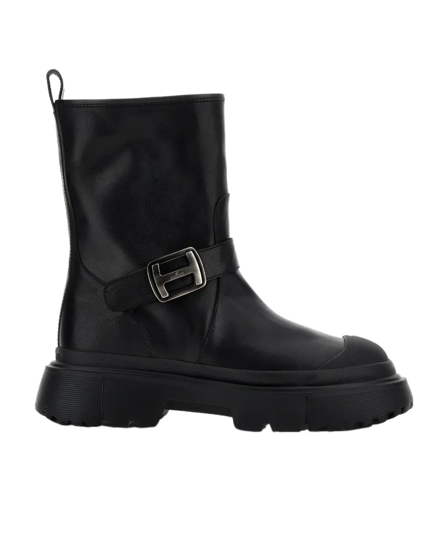 Logo Buckled Round-Toe Boots