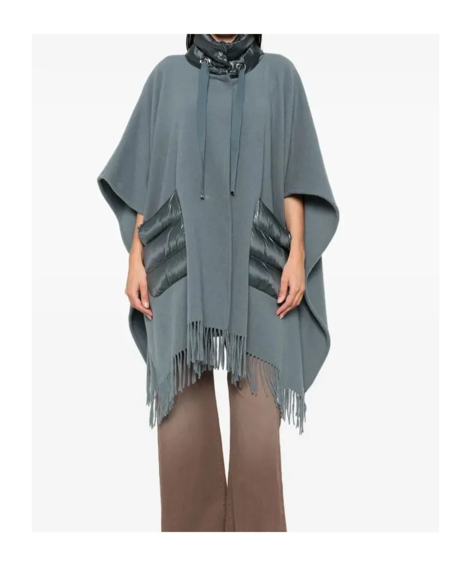 High-Neck Fringed-Edge Drawstring Poncho