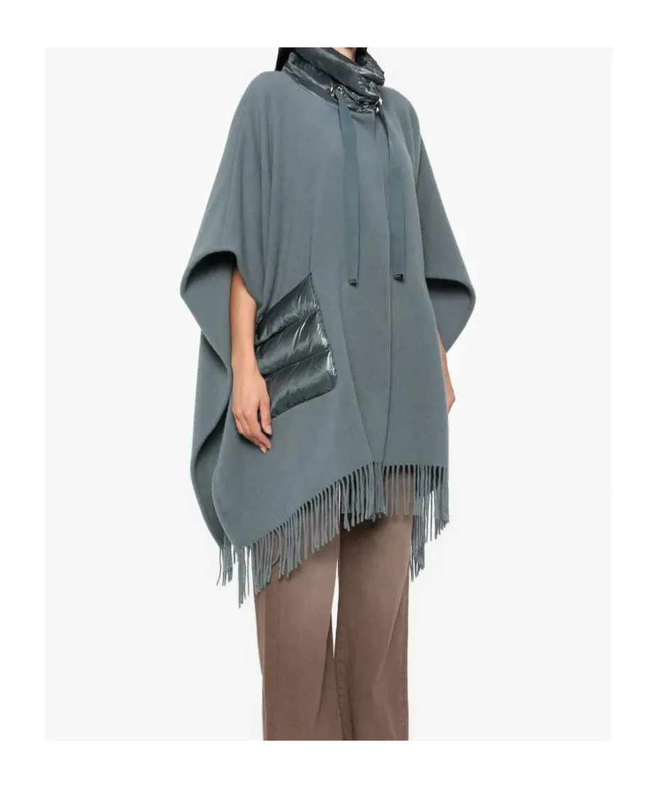High-Neck Fringed-Edge Drawstring Poncho