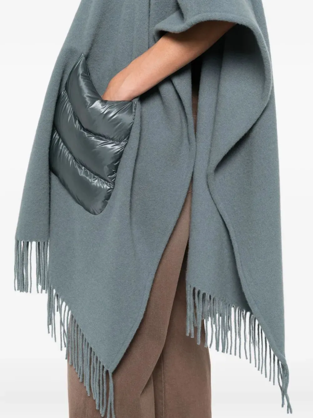 High-Neck Fringed-Edge Drawstring Poncho