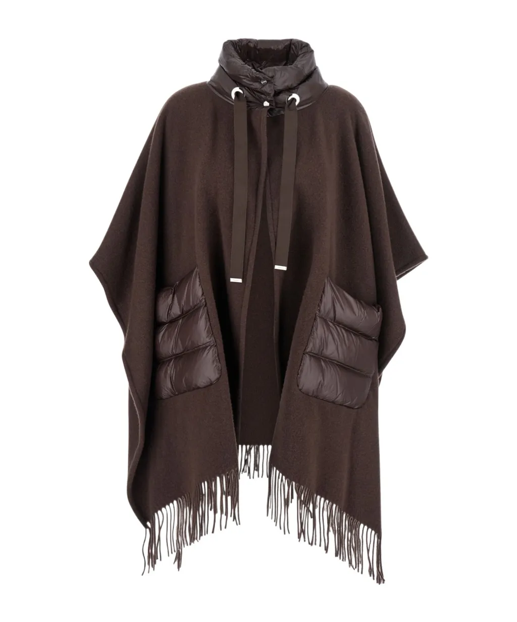 High-Neck Fringed-Edge Drawstring Poncho