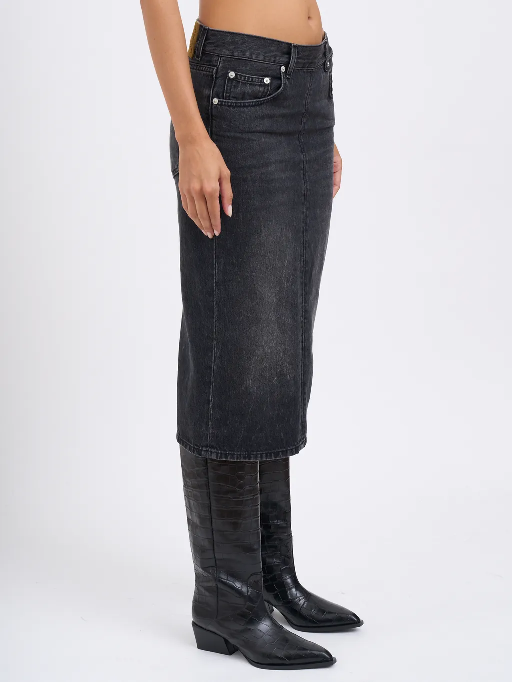 Five-Pocket Denim Midi Skirt