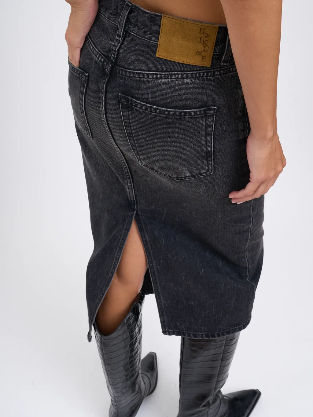 Five-Pocket Denim Midi Skirt