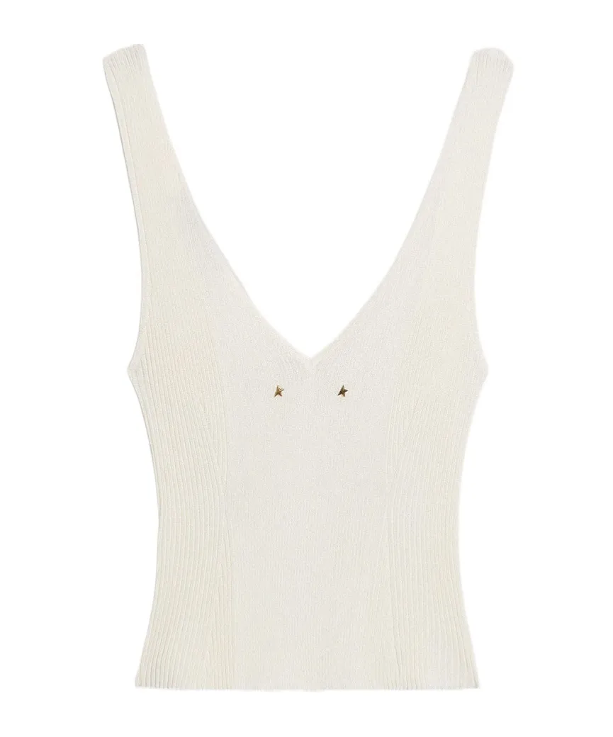 Sleeveless Top Embroidered With Worn-White Ribbing