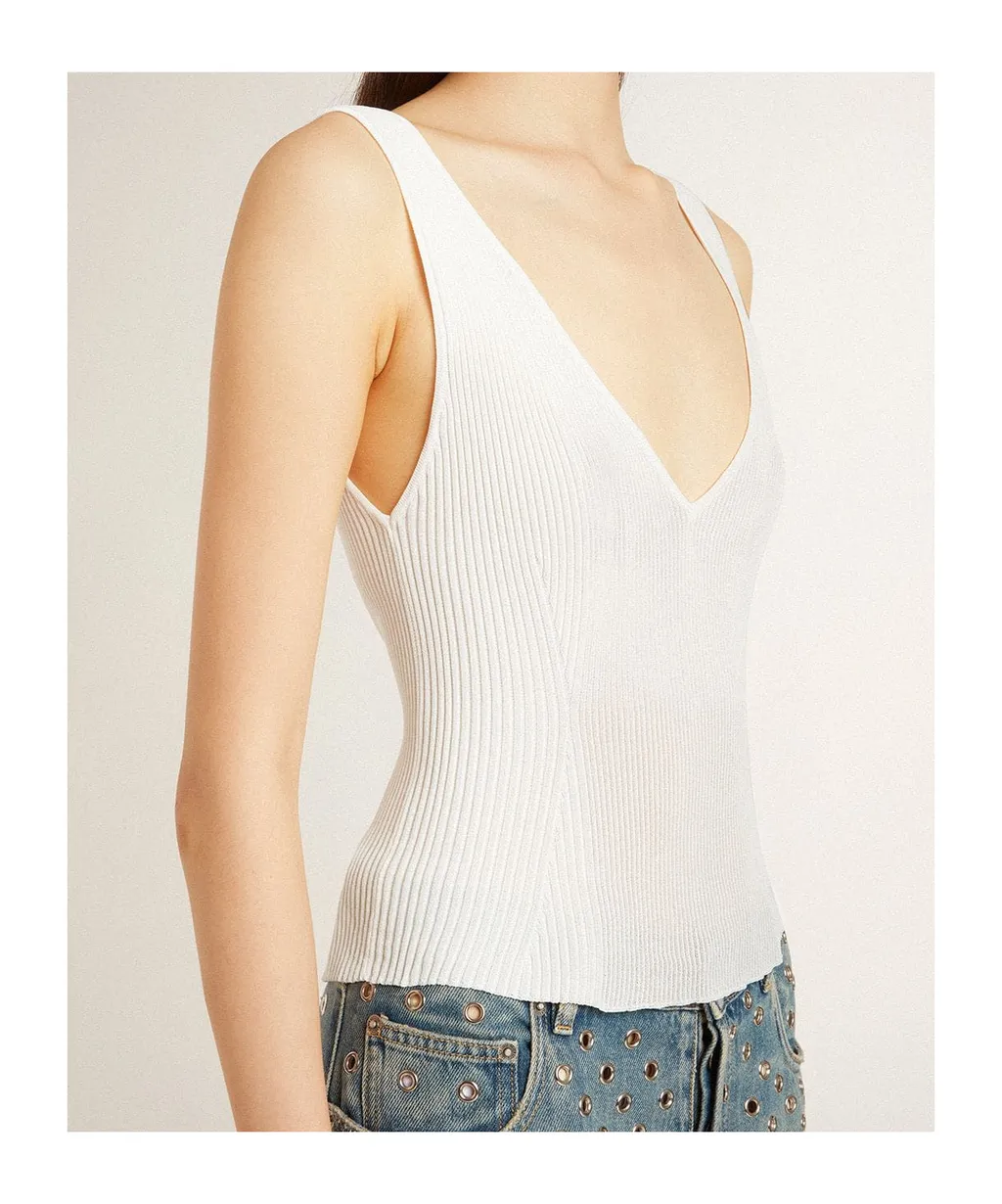 Sleeveless Top Embroidered With Worn-White Ribbing