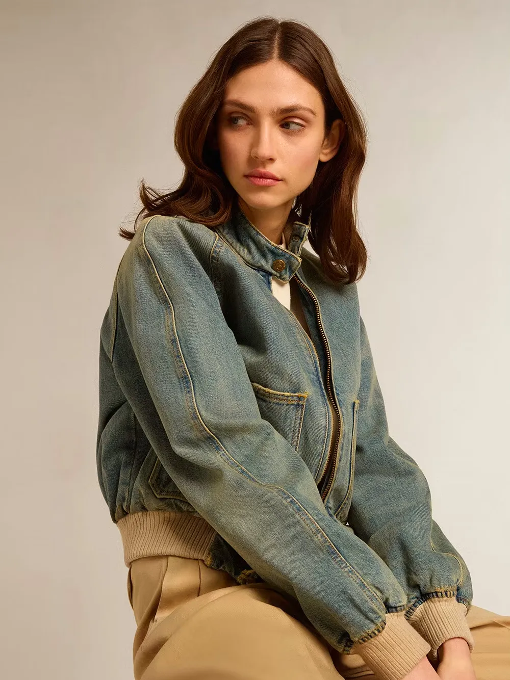 Denim Zipped Bomber Jacket
