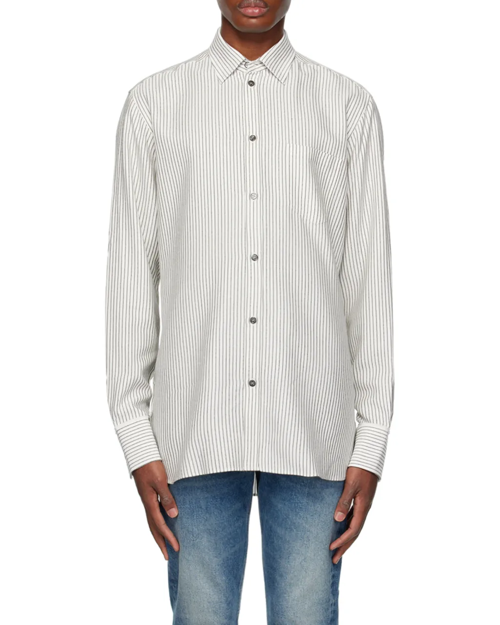 White Viscose Shirt With Narrow Black Stripes