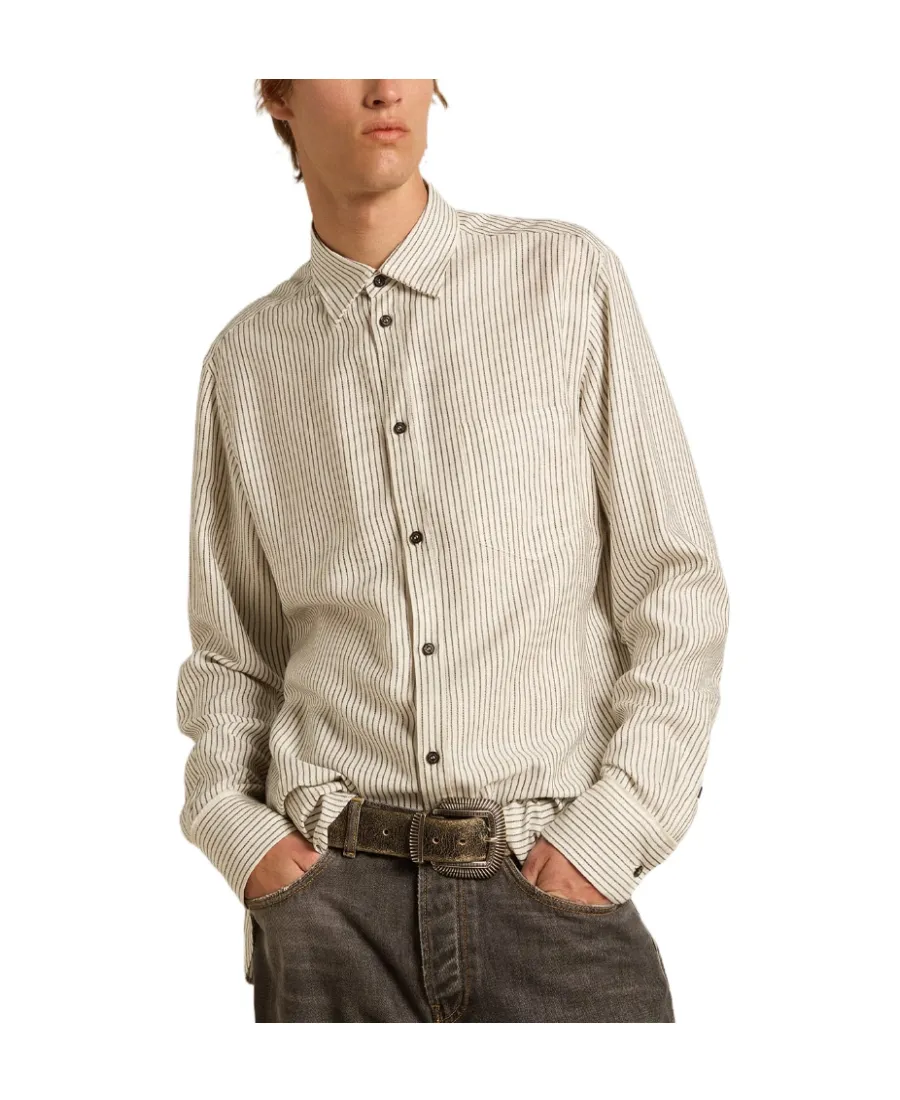 White Viscose Shirt With Narrow Black Stripes