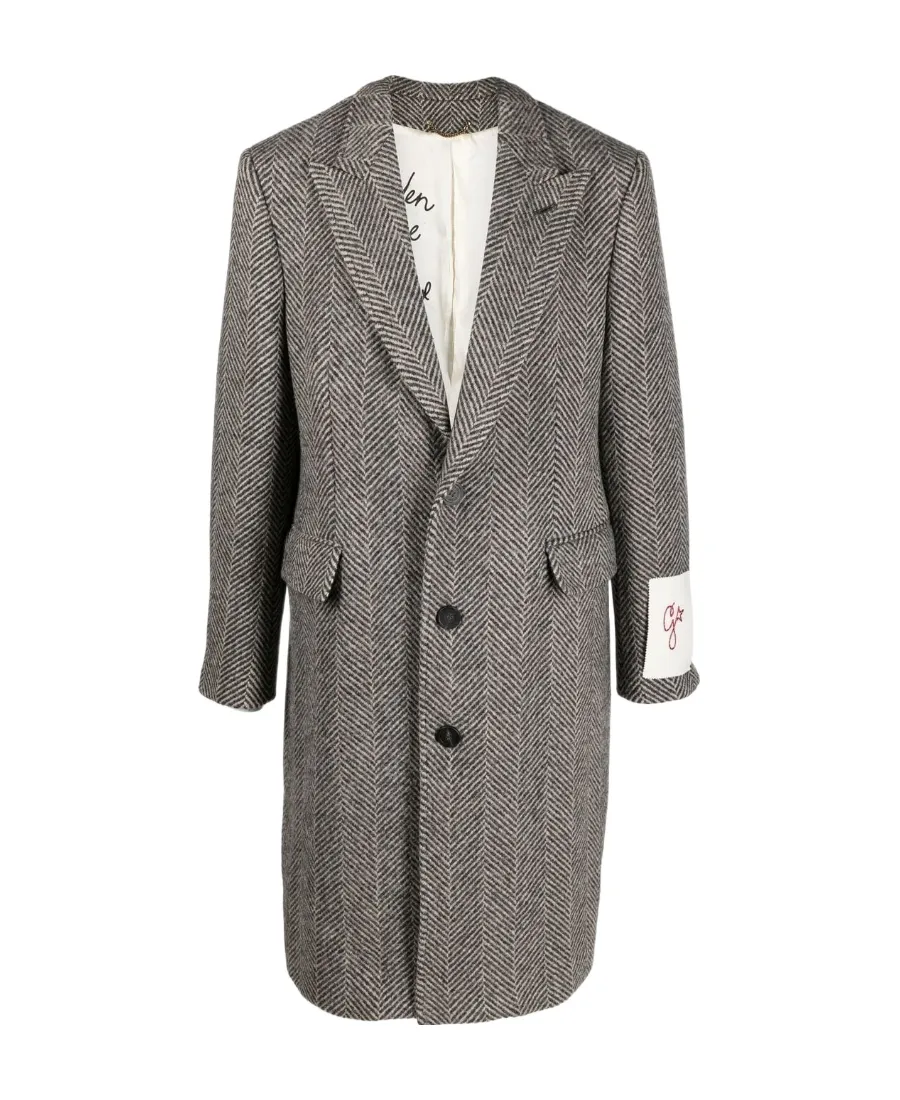 Logo Patch Herringbone Patterned Coat