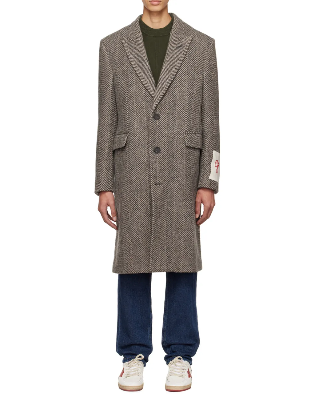 Logo Patch Herringbone Patterned Coat
