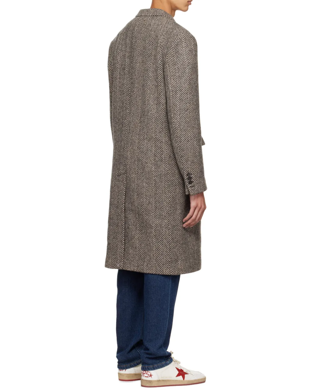Logo Patch Herringbone Patterned Coat