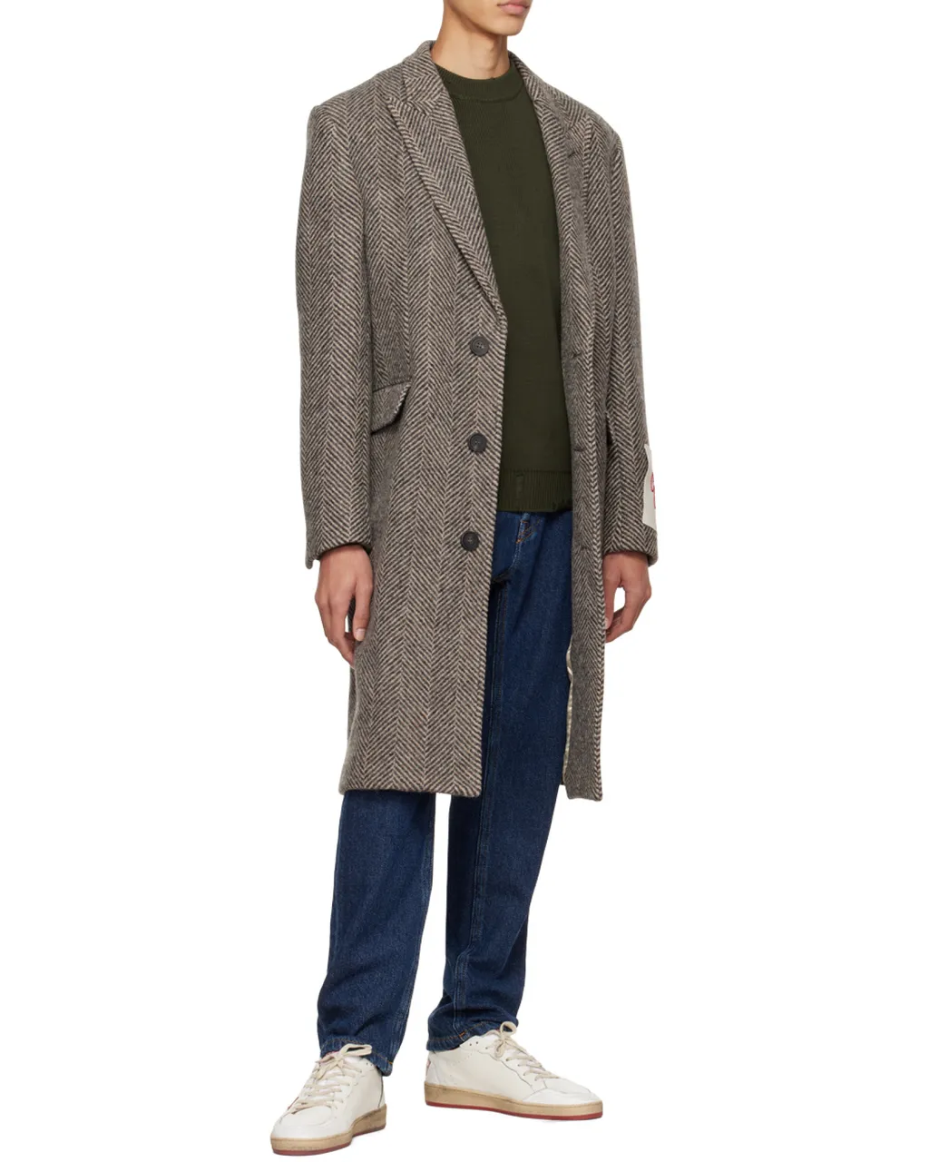 Logo Patch Herringbone Patterned Coat