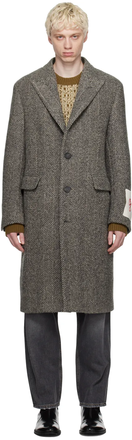 Logo Patch Herringbone Patterned Coat