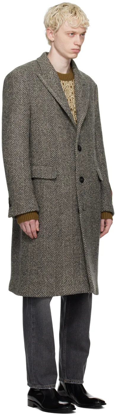 Logo Patch Herringbone Patterned Coat