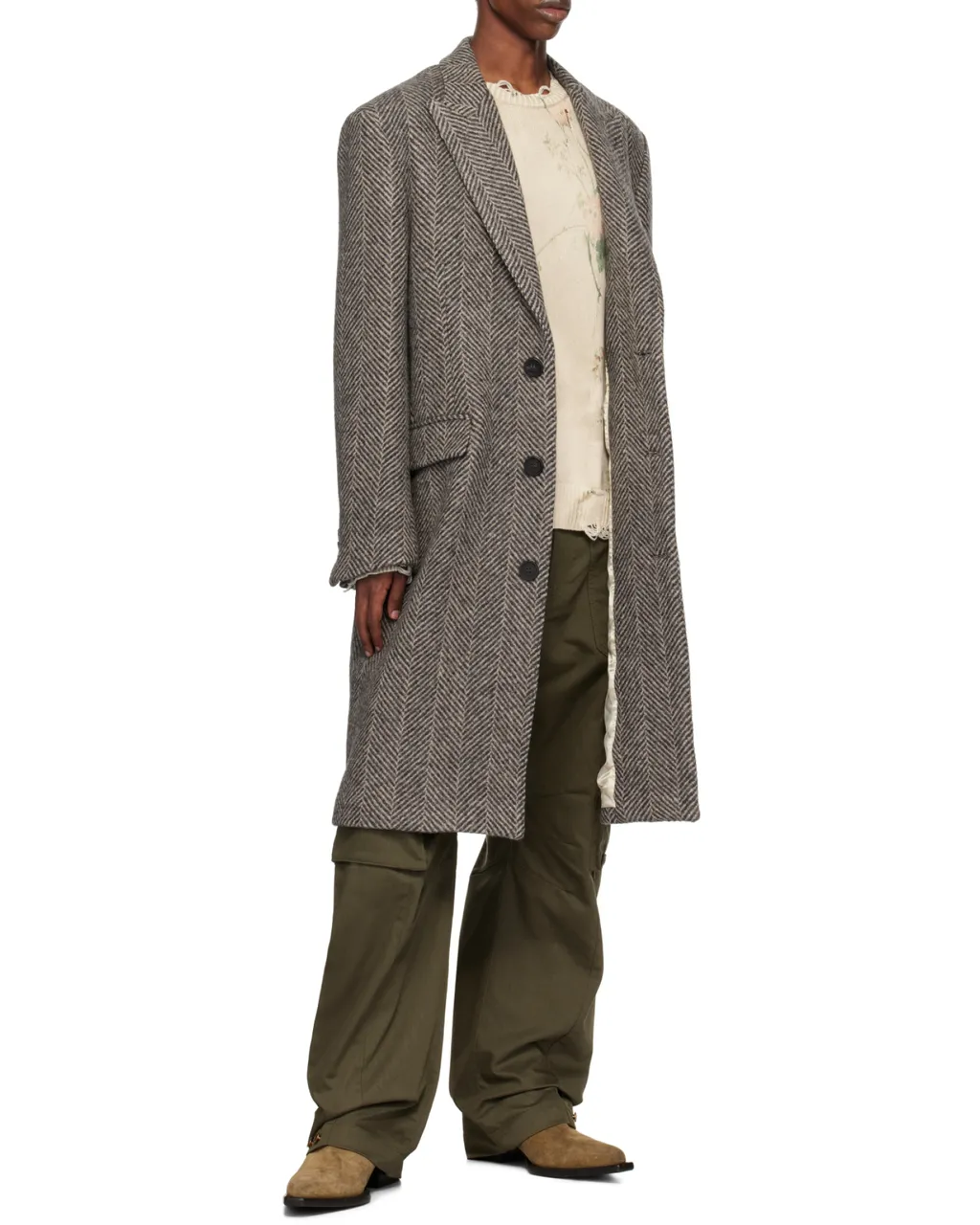 Logo Patch Herringbone Patterned Coat