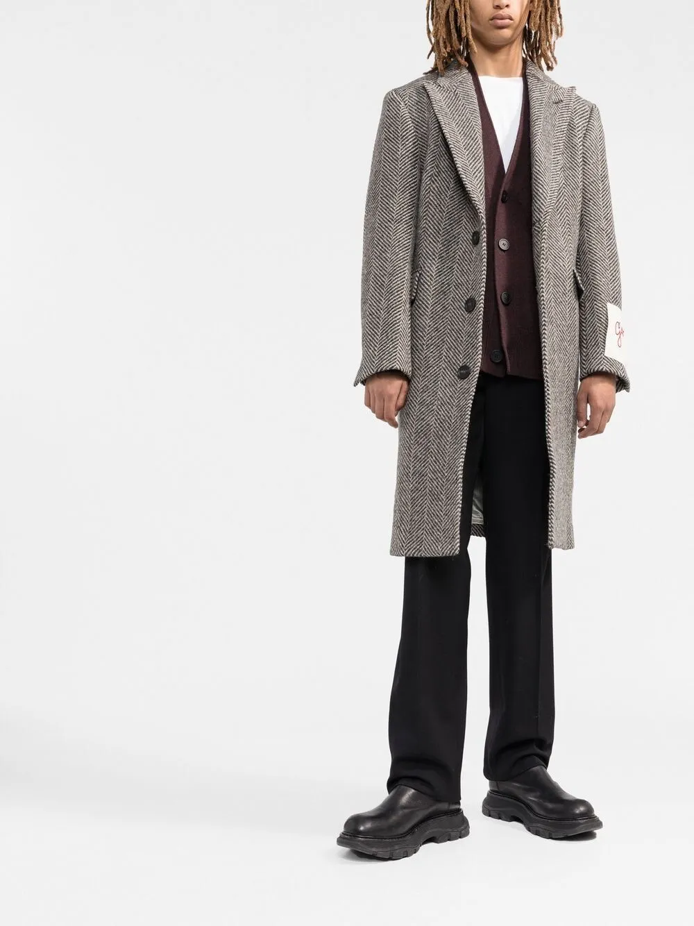 Logo Patch Herringbone Patterned Coat